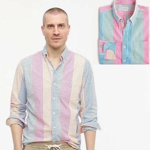J Crew Slim Seersucker Shirt in Awning Stripe Multi Color (Medium) New with Tag - Picture 1 of 11
